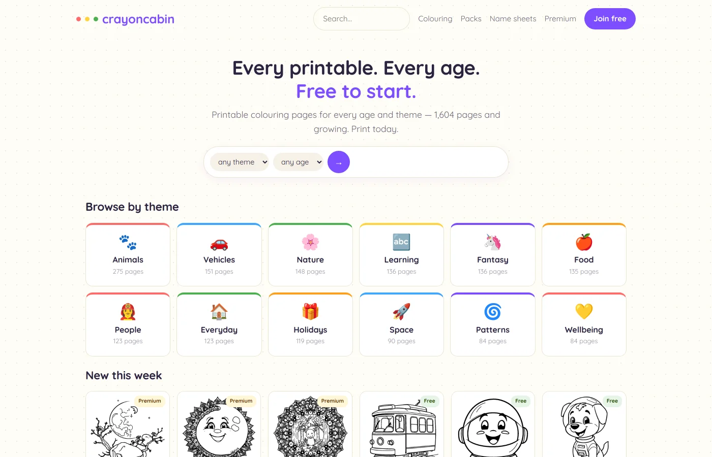 CrayonCabin — printable colouring pages for every age, with themed categories and new pages daily