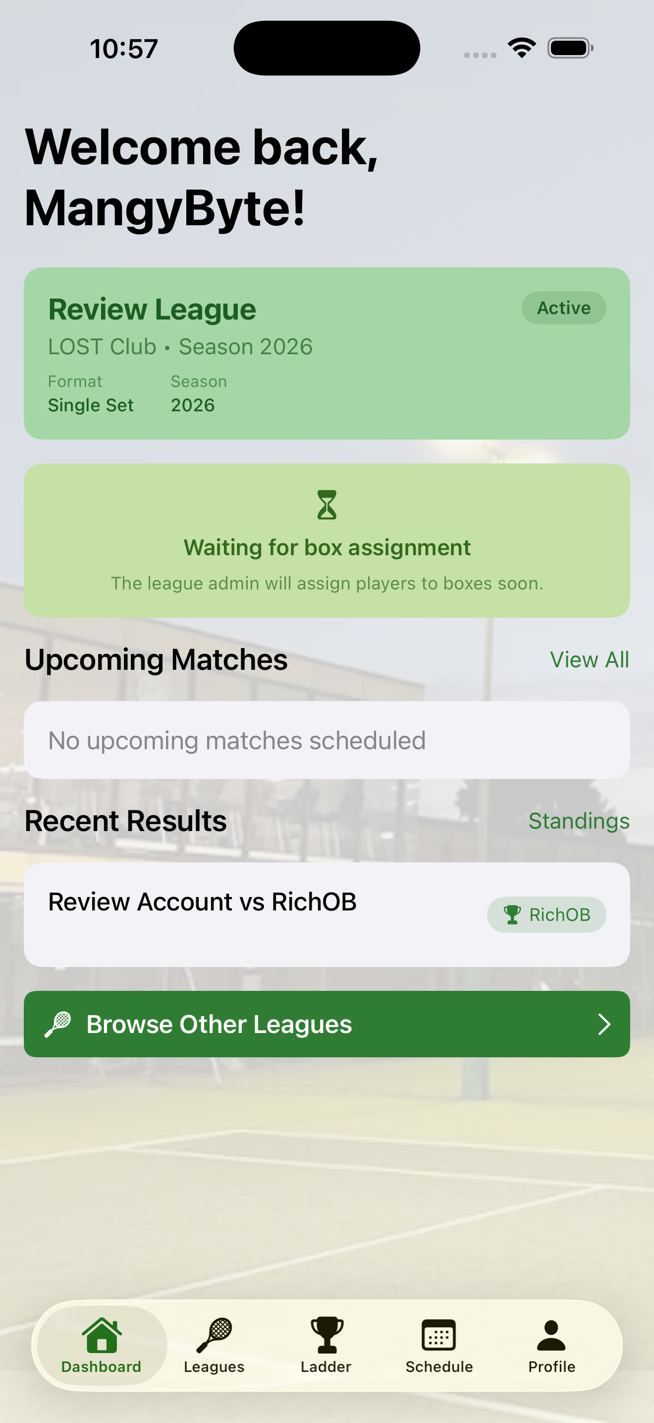 LOST Club Box Leagues app showing league table standings
