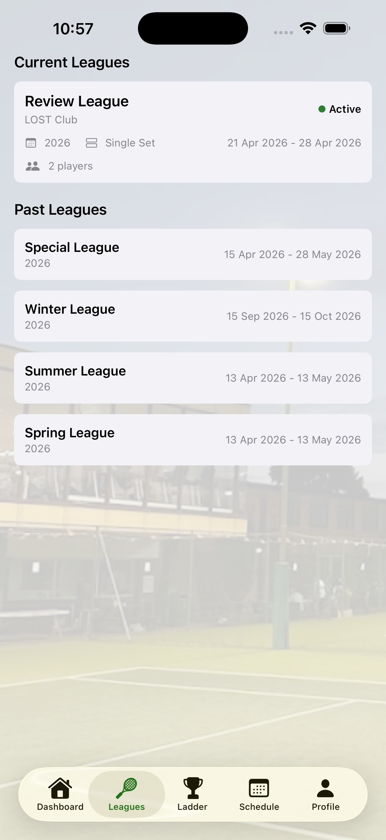 LOST Club Box Leagues app showing match score entry screen