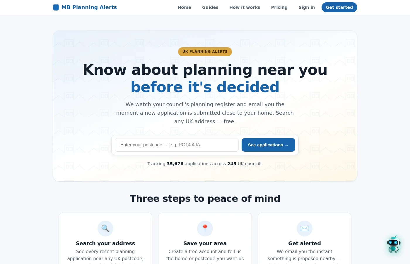 MB Planning Alerts — search any UK address for nearby planning applications