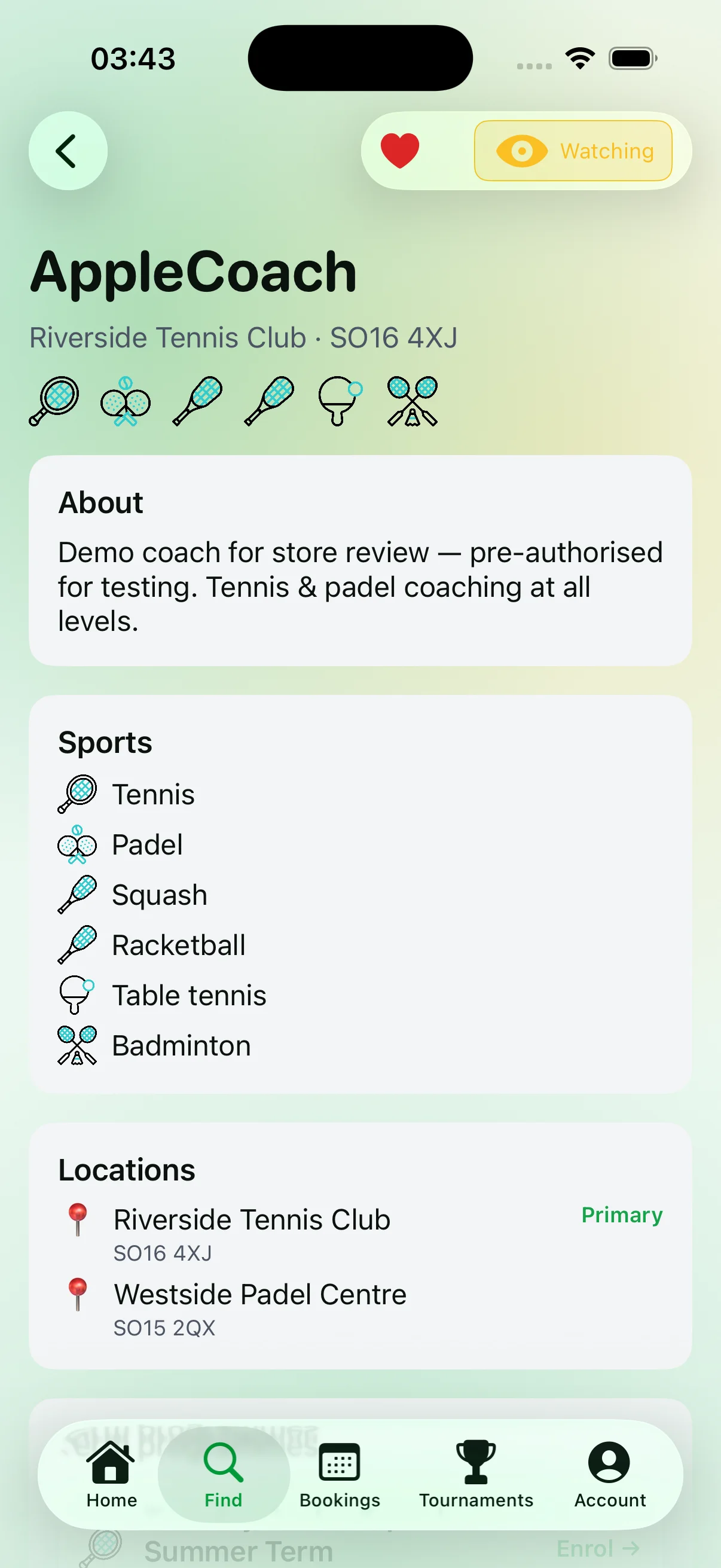 Racket Coach — coach profile across six sports: tennis, padel, squash, racketball, table tennis and badminton