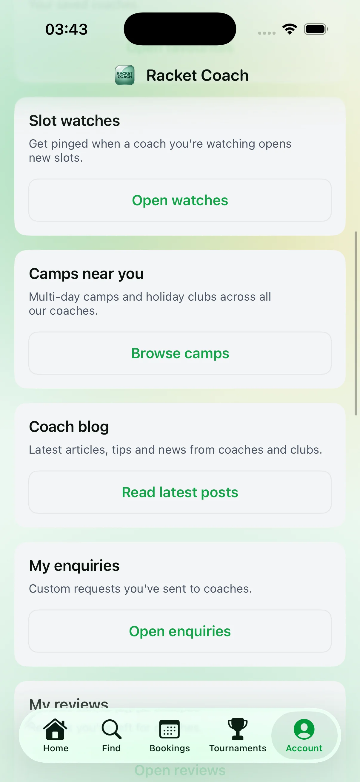 Racket Coach — slot watches, multi-day camps, coach blog and enquiries
