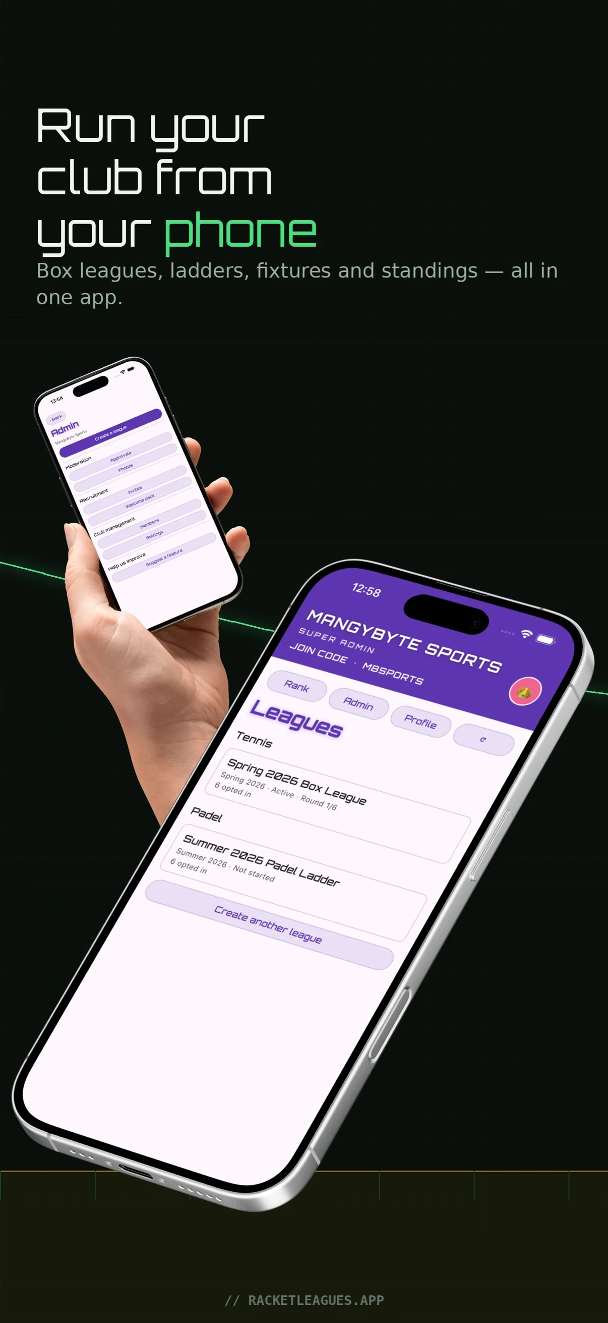 Racket Leagues — hantera din klubb från din telefon, med aktiva ligor och ställningar