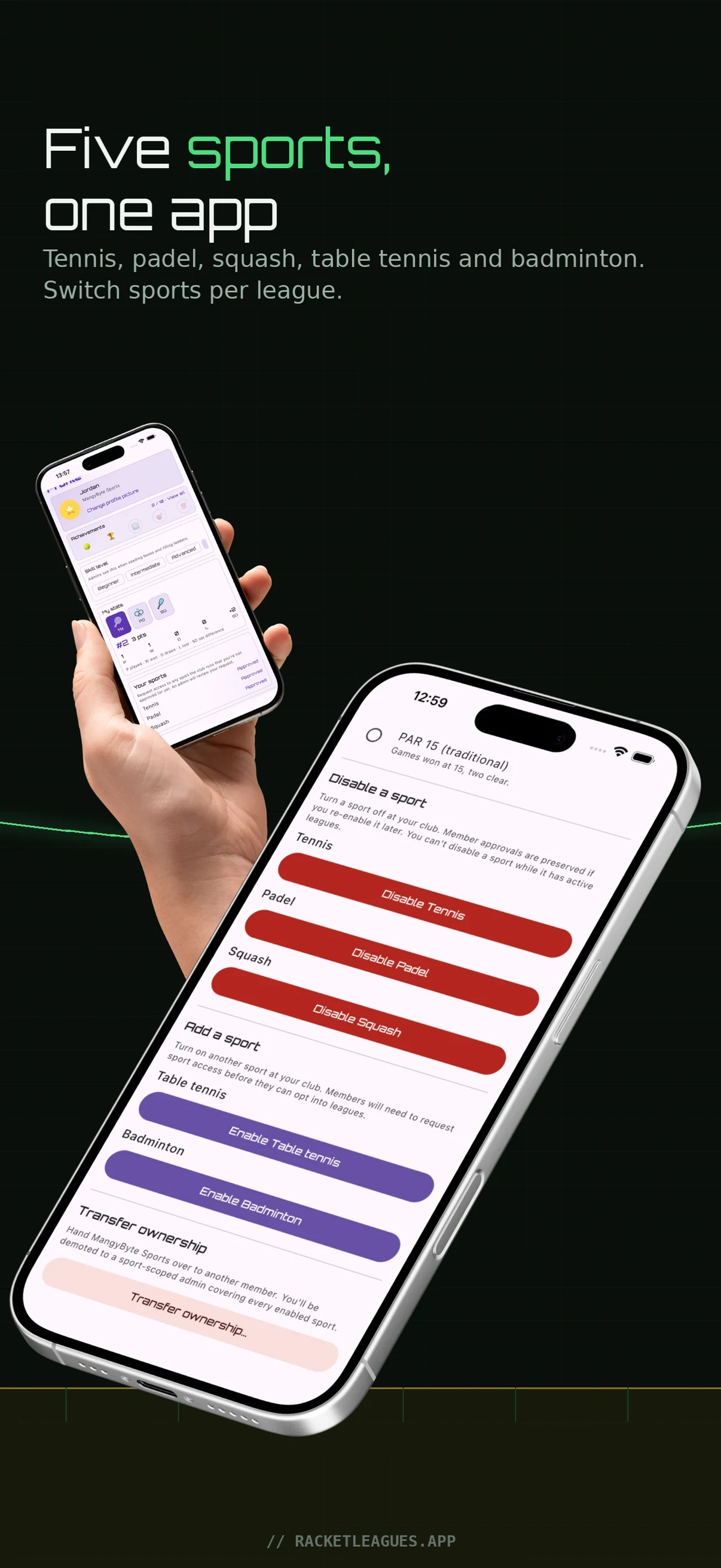 Racket Leagues — fem sporter i en app: tennis, padel, squash, bord tennis och badminton