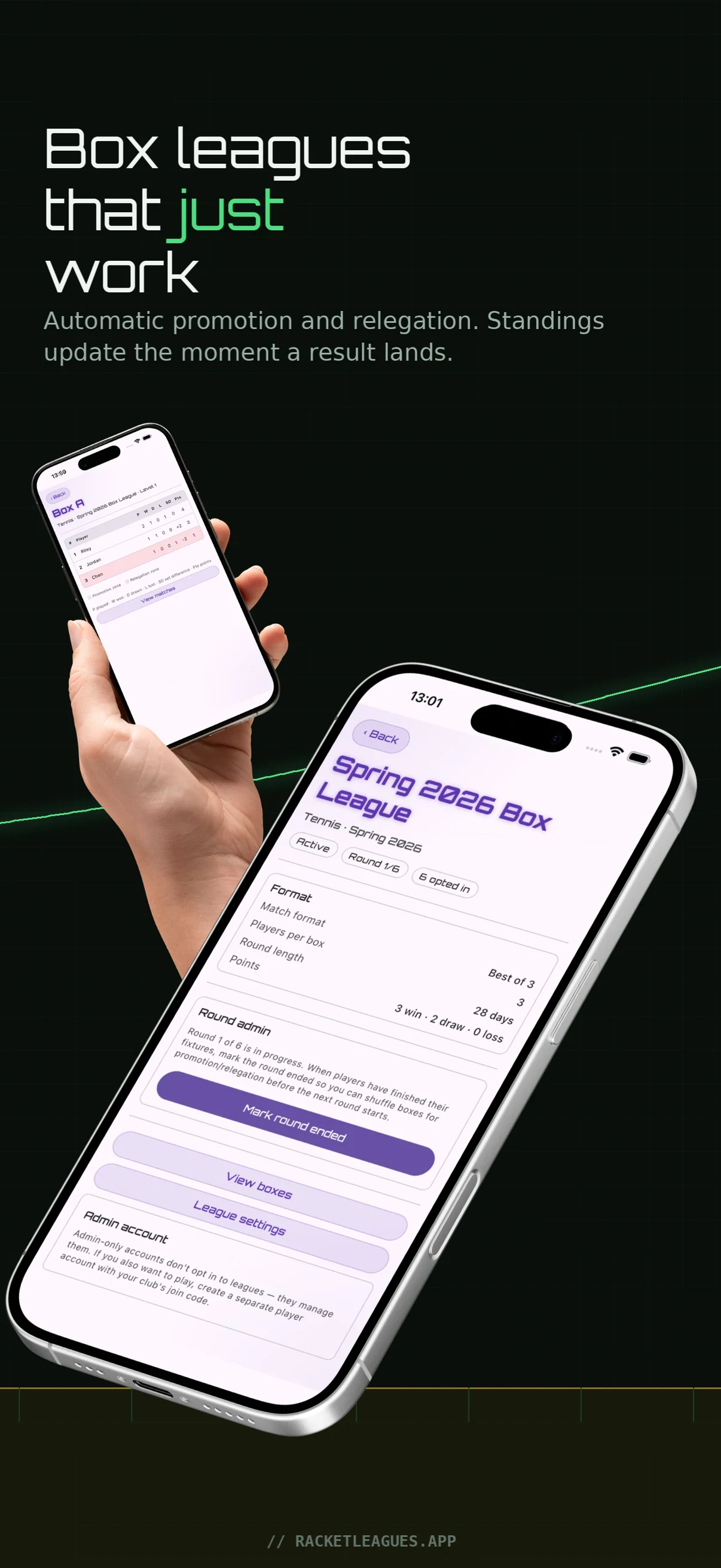Racket Leagues — box ligor med automatisk upp- och nedflyttning
