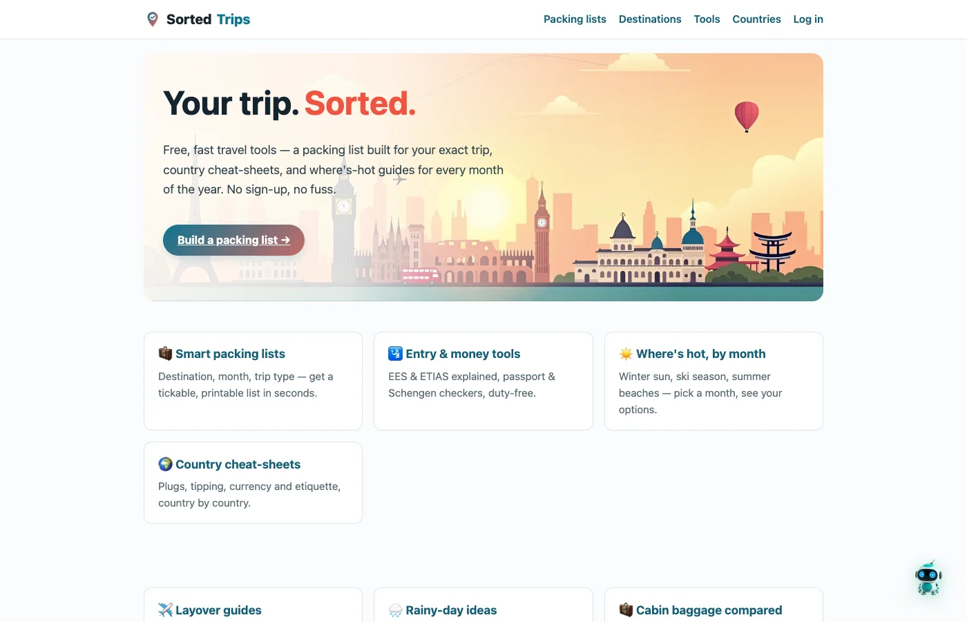 SortedTrips — free travel-planning tools: packing lists, where's-hot guides, entry rules and phrasebooks