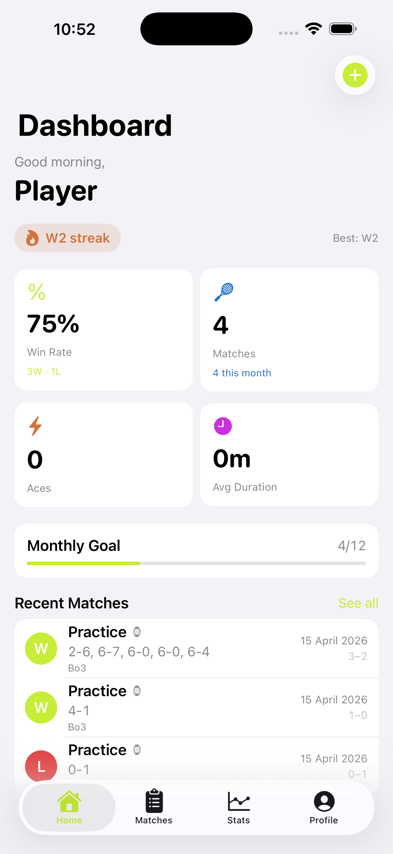 Tennis Score Pro companion app showing match history list