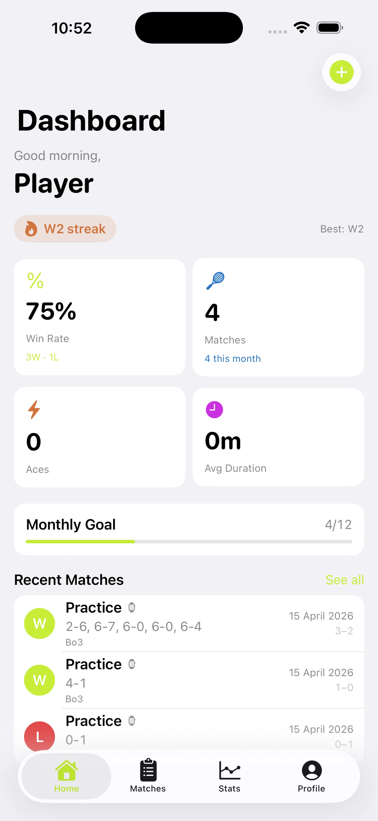Tennis Score Pro companion app som visar matchhistorik lista