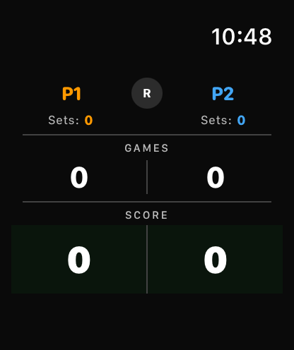 Tennis Score Pro on a smartwatch showing match setup options