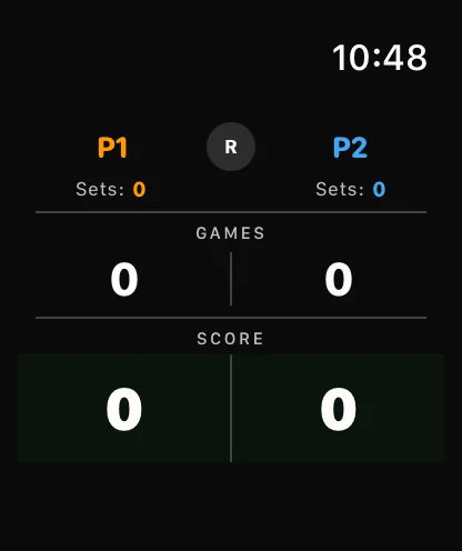 Tennis Score Pro på en smartwatch som visar alternativ för matchinställningar