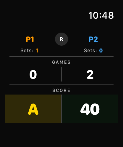 Tennis Score Pro on a smartwatch displaying live match score