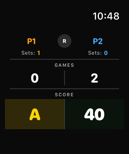 Tennis Score Pro på en smartwatch som visar live matchpoäng