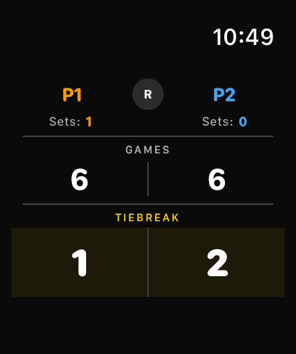 Tennis Score Pro on a smartwatch showing match summary